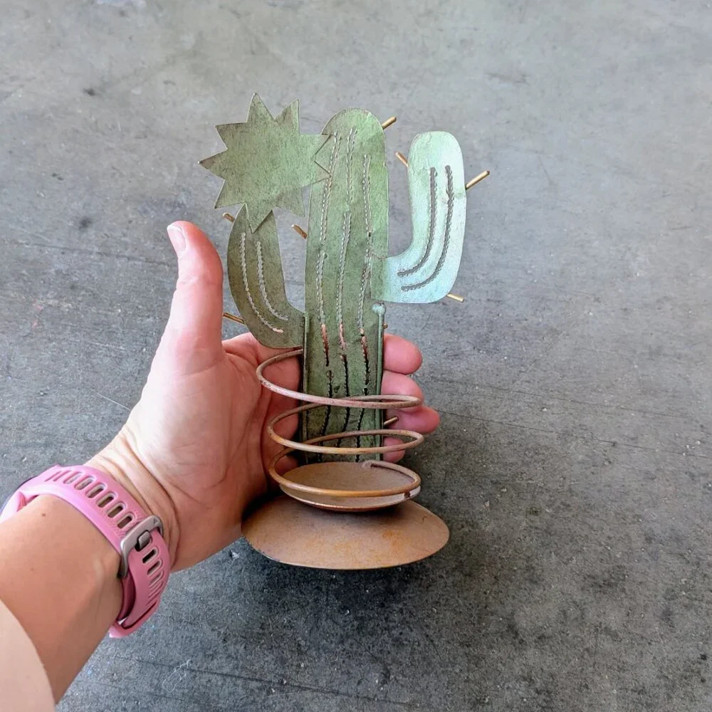 Green Cactus and Yellow Sun Metal Candle Holder Southwest Home Decor